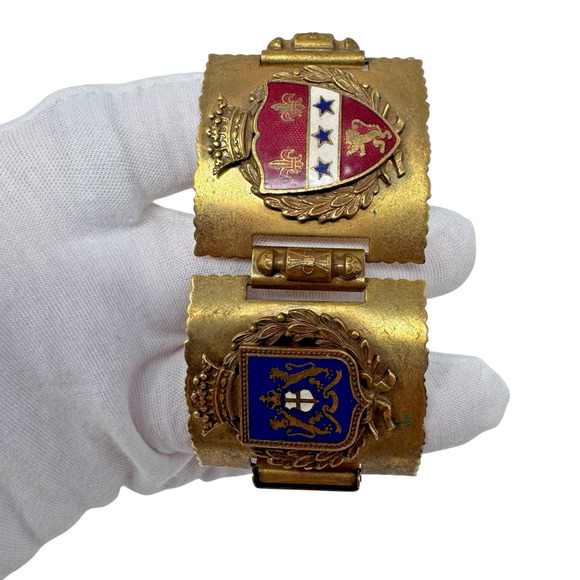 Vintage French WWII Brass Enamel Coat of Arms Link Bracelet 6.75” Approx Shield - Picture 3 of 12